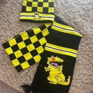 Dolls Kill Checkered Dinosaur Hat and Scarf Set - Black and Yellow